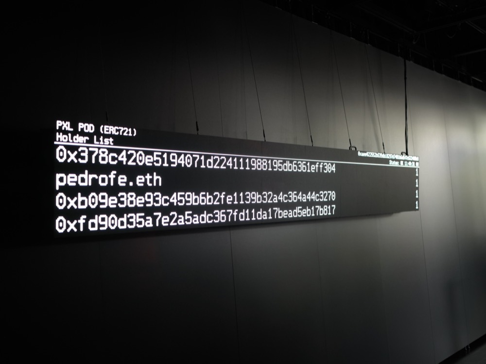 The PXL POD holder list displayed as an LED ticker