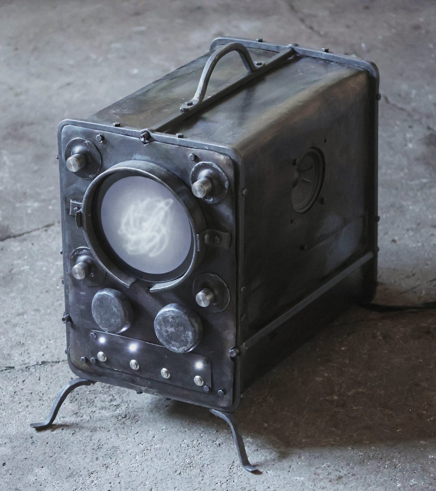 Synth Poem: Oscilloscope — a hand-forged iron case enclosing a glowing oscilloscope screen, standing on forged legs.